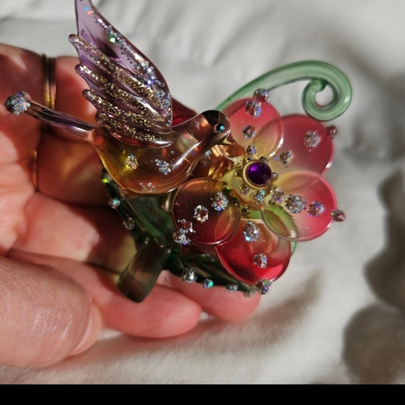 Colorful Hand Blown Glass Bird and Flower Ornament - Picture 3 of 3